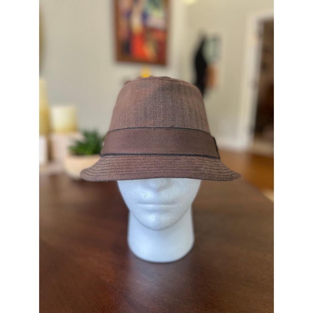 Dorfman Milano Brown Herringbone Fedora Hat Mens Large Stingy Brim Trilby Cap